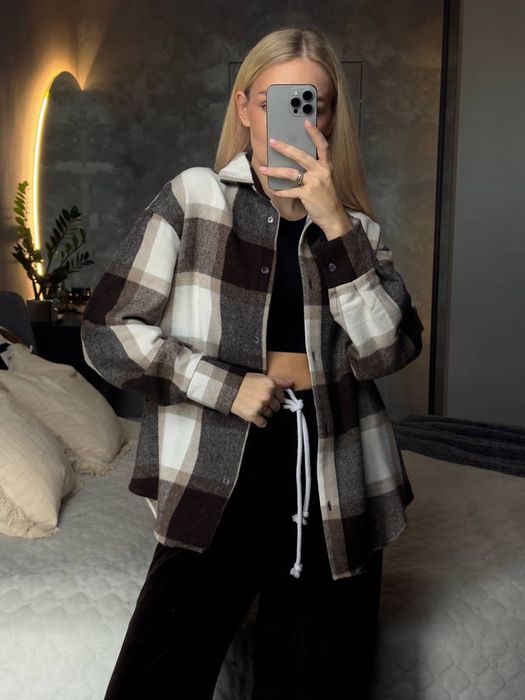 Сорочка в клітинку тепла, сорочка оверсайз, сорочка жіноча осіння