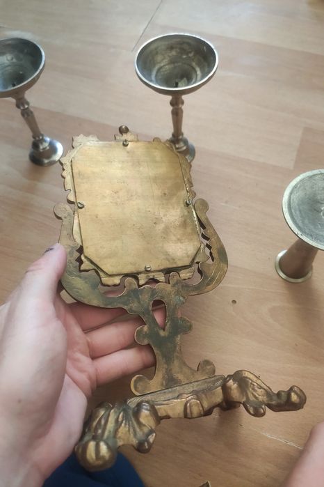 Zestaw Vintage: Mosiężne Lusterko Rokoko + 4 Świeczniki