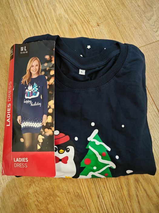 Sukienka Świąteczna Choinka Pingwin Granatowa L 44/46