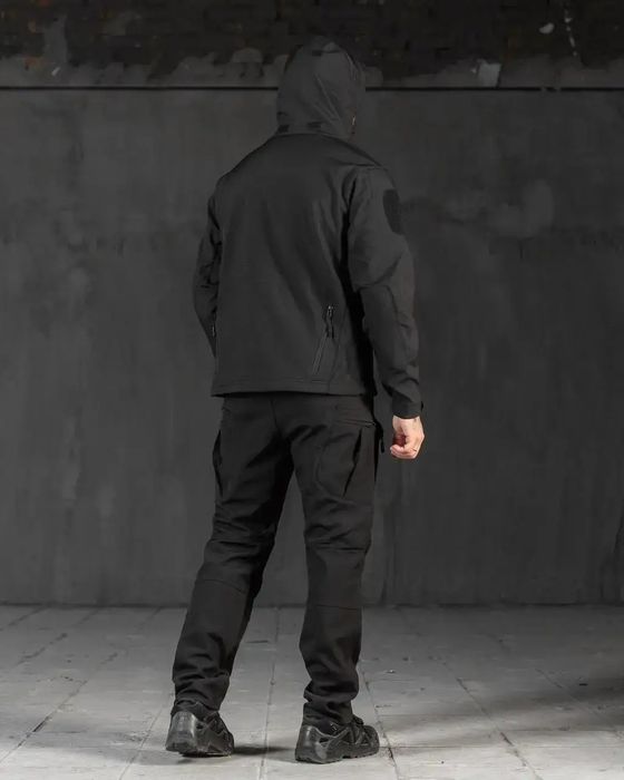 Костюм на флисе софтшел черный, куртка и штаны военная форма Львов.