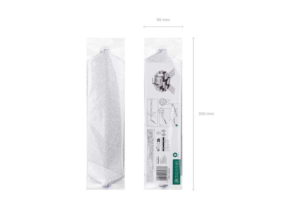 "Kokarda ściągana" - wstążka pp metaliczna brokatowa 30cm/8cm SREBRNA