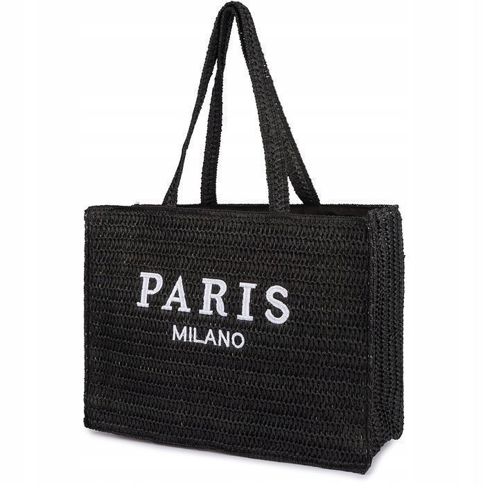 Czarna Torba plażowa duża na lato rączki solidna koszyk plecionka