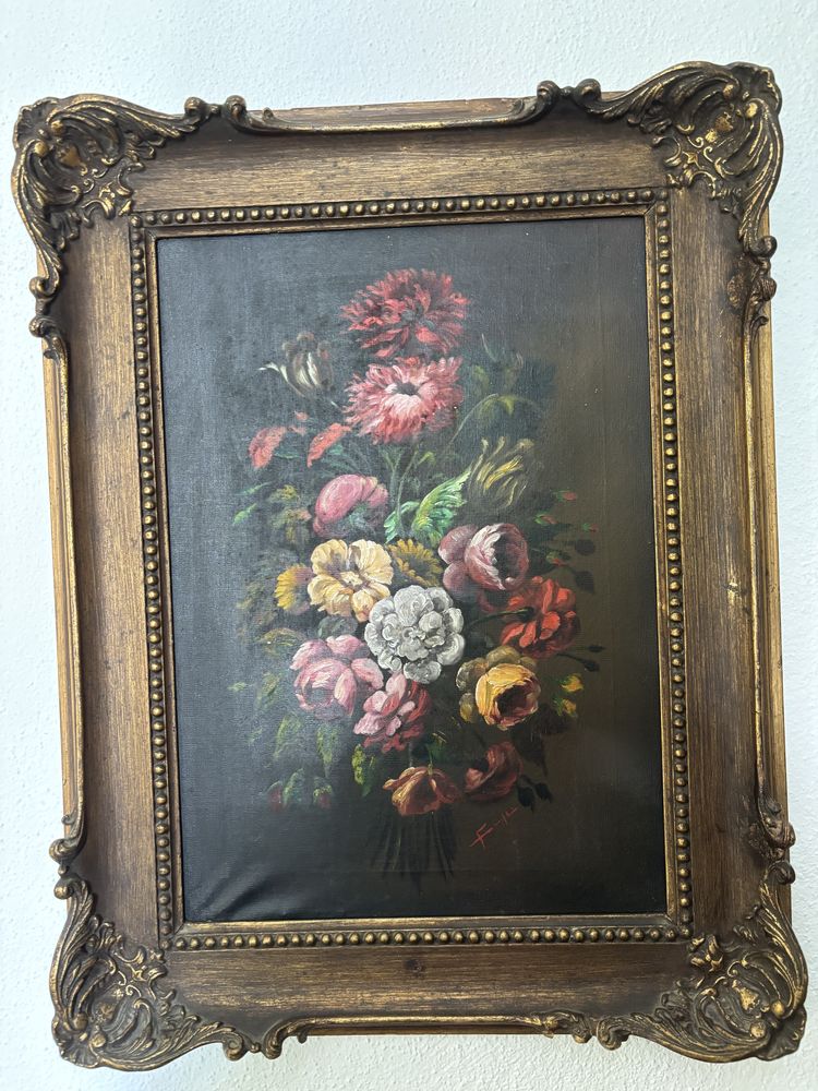 Quadro com pintura a oleo antigo e moldura em madeira dourada