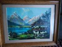 Stary obraz drewniana rama góry jezioro ludzie