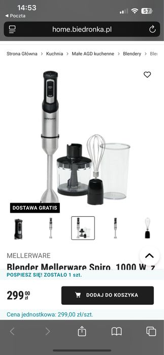Blender Mellerware Spiro, 1000 W, z akcesoriami czarny nowy 70% taniej