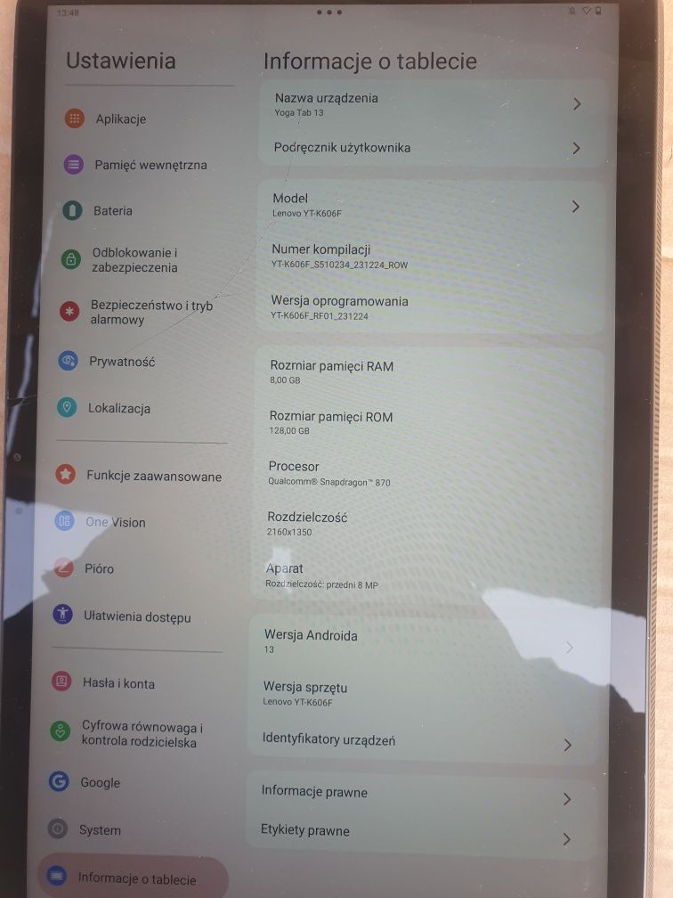 Tablet 13 cali lenowo 8/128 yt-k606f