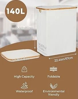 Kosz na pranie bieliznę yamagahome 140l duży beż bambusowa ramka