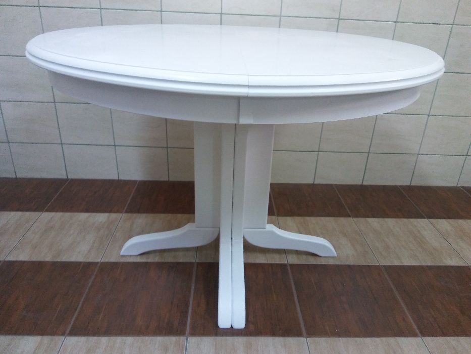 Stół okrągły rozkładany na1 nodze biały śr.110 cm + 3 x 45 + 4 krzesła