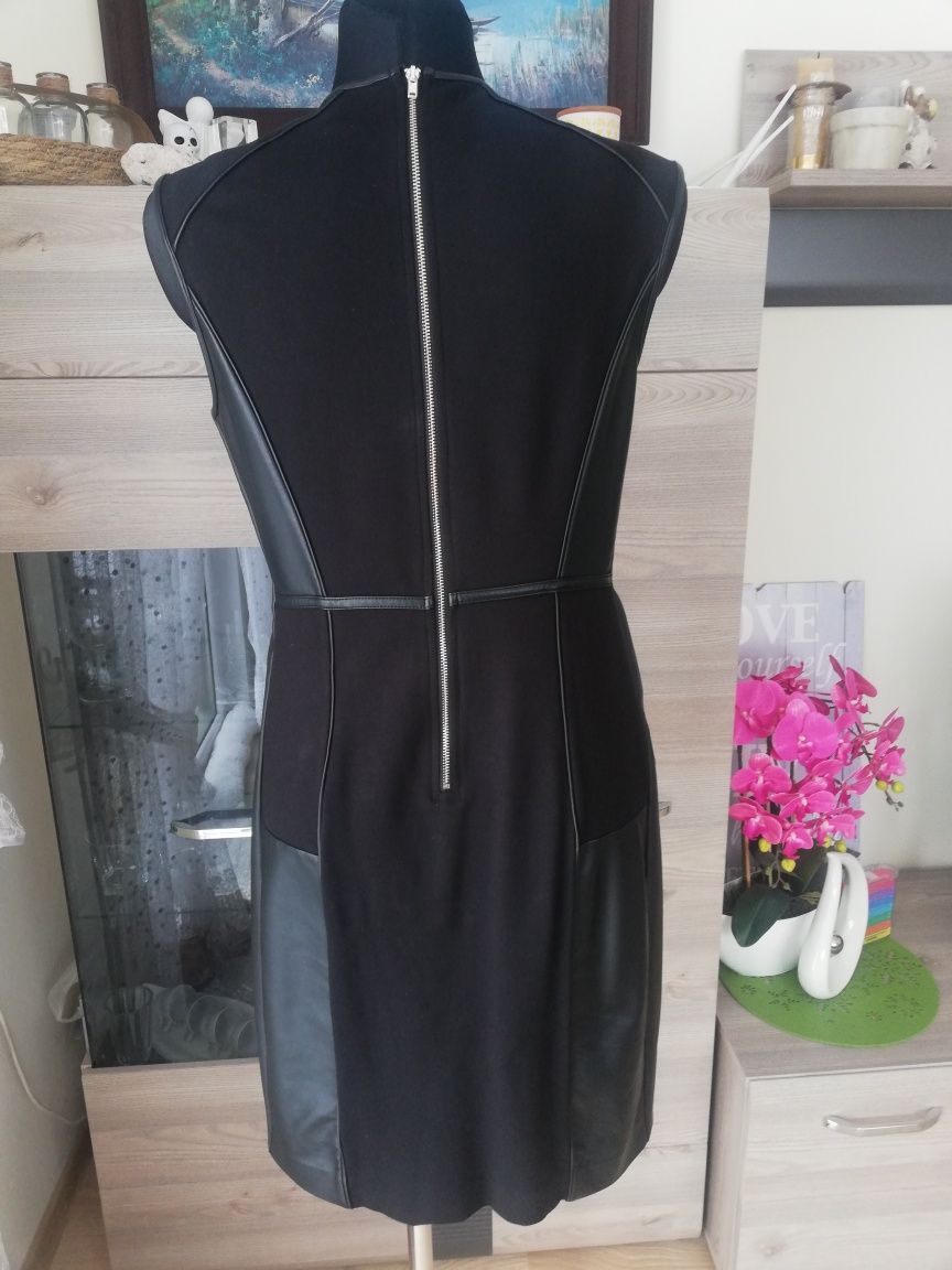 Elegancka czarna sukienka ze wstawkami ze skóry Vero Moda r. 38