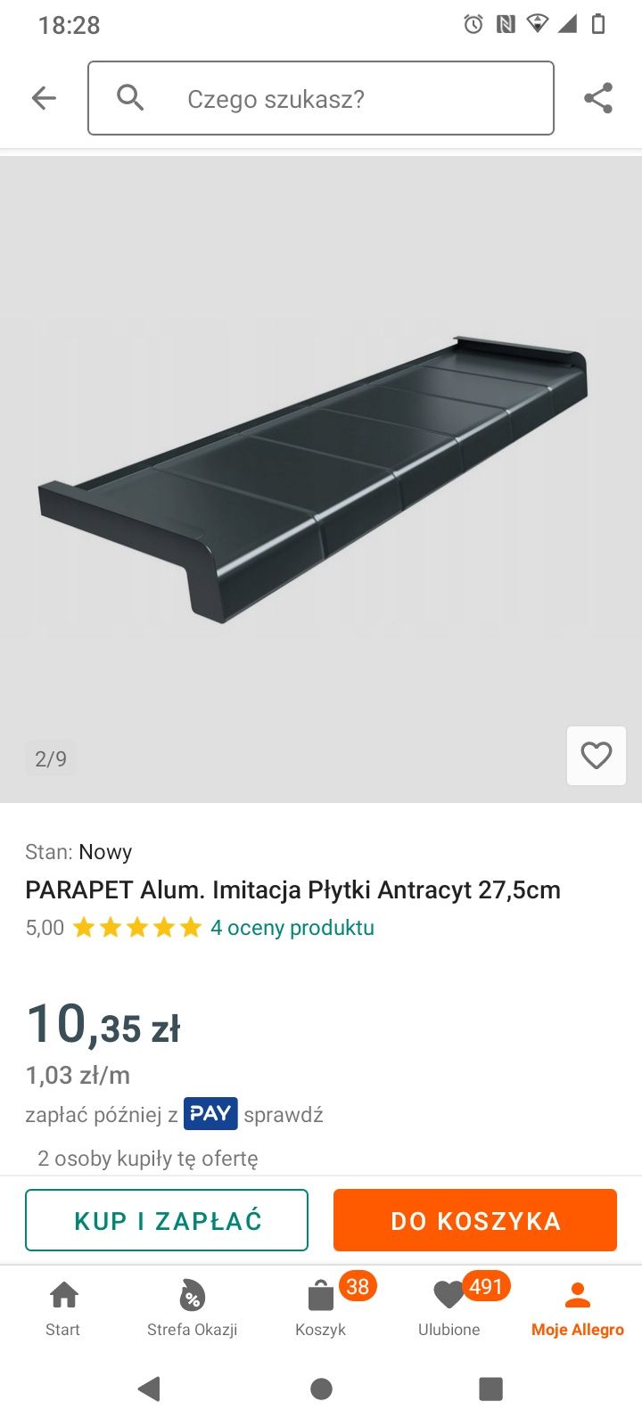Parapet zewnętrzny aluminiowy 6 sztuk + komplet zaślepek.. Grafit.