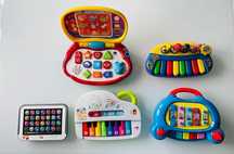 Zestaw zabawek dla malucha (laptop Vtech, Pianino Fisher Price, tablet