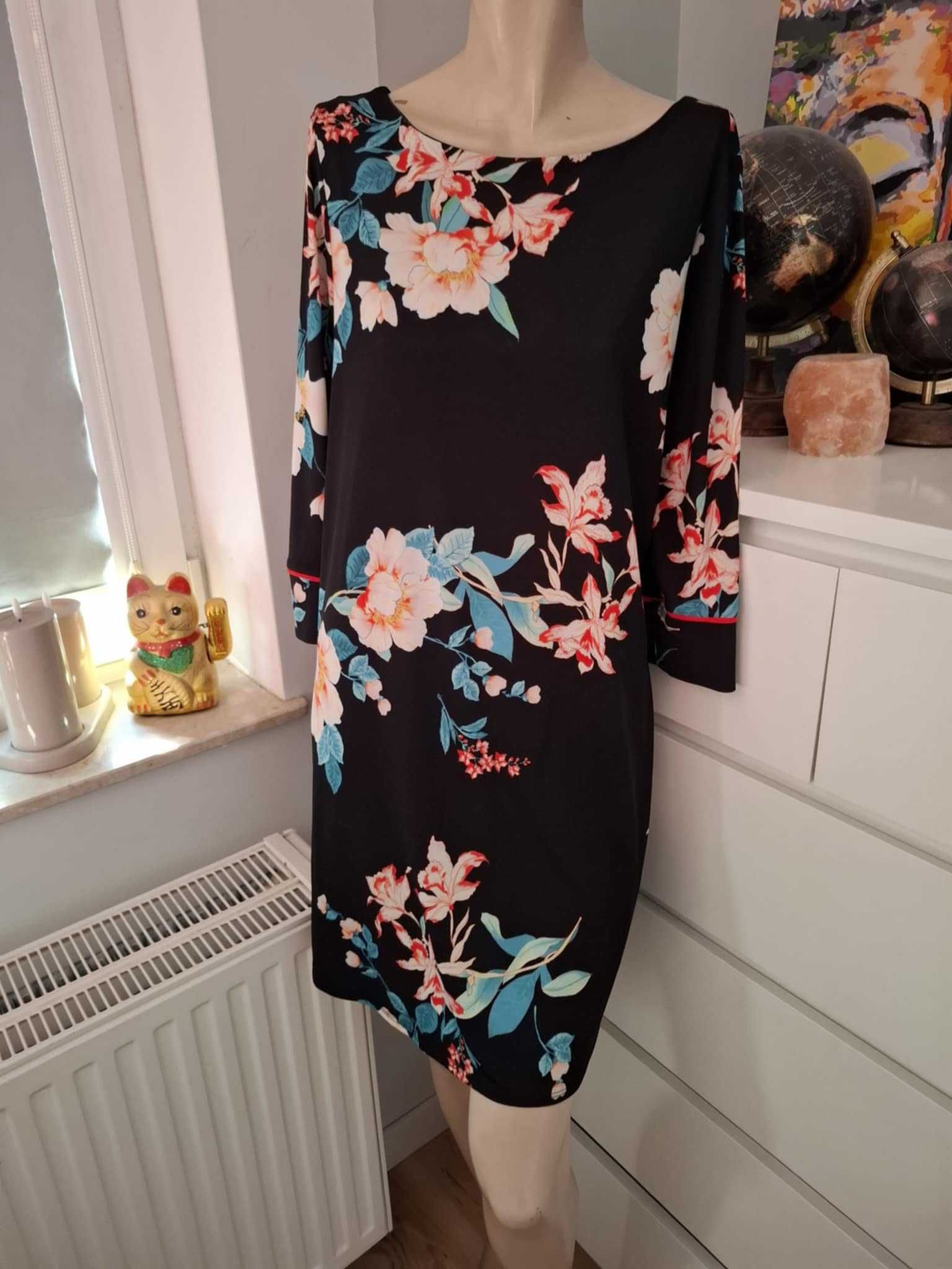 42 XL Wallis elegancka czarna pomarańczowa zielona biała sukienka