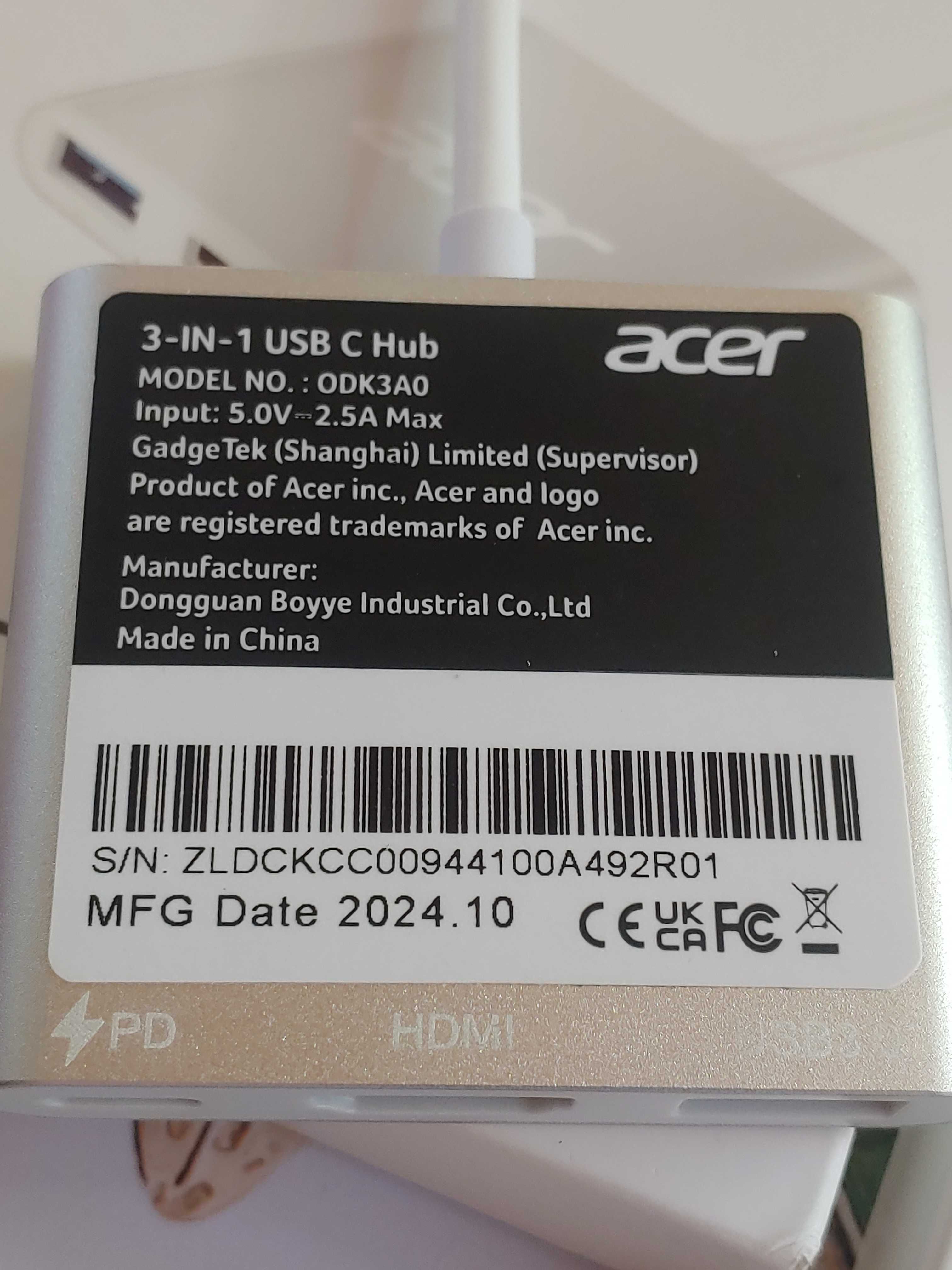 Адаптер Acer USB C - HDMI концентратор USB C 4K, 100 Вт, порт USBA 3.0