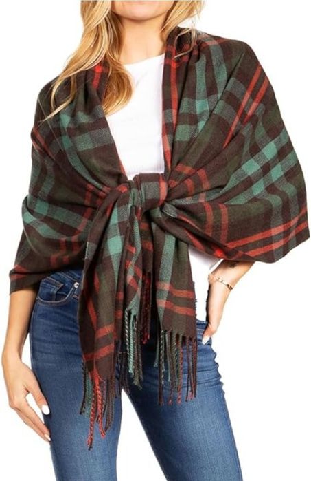 Szal damski paszminowy w kratę, szal zimowy, szal ciepły na zimę