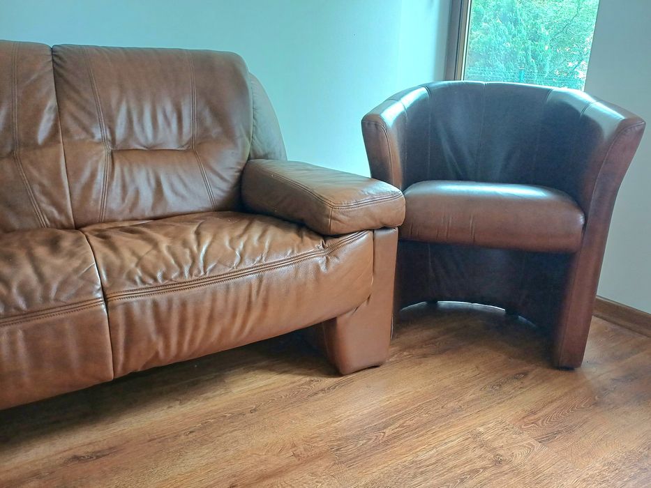 Piękny wypoczynek ze skóry brązowej /sofa, kanapa, dwa fotele