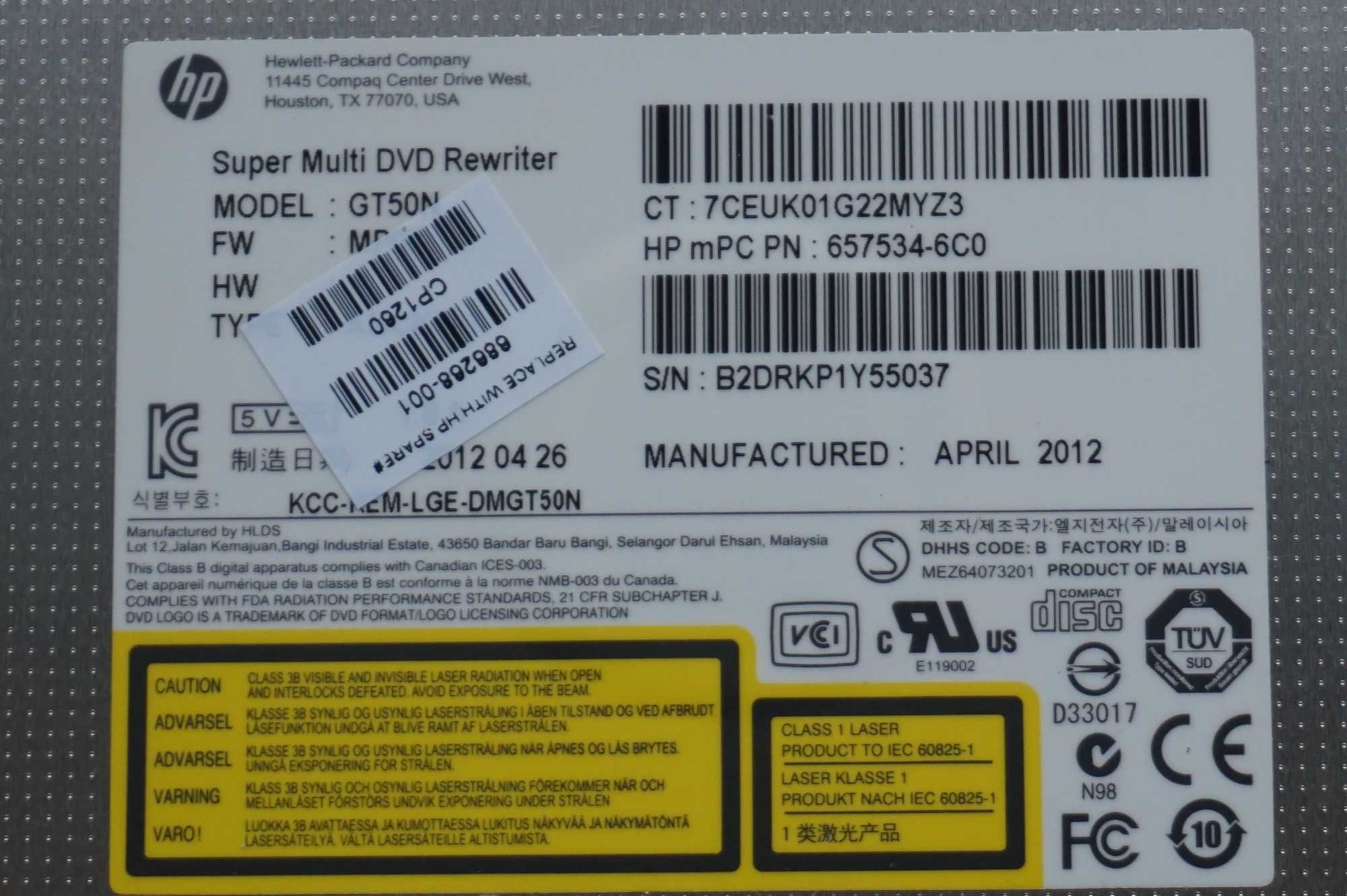 Napęd nagrywarka DVD-RW Hp CQ58 cq 58 model GT50N HP686.268-001