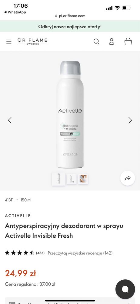 Nowe 3 dezodoranrty Oriflame Activelle Invisible Fresh