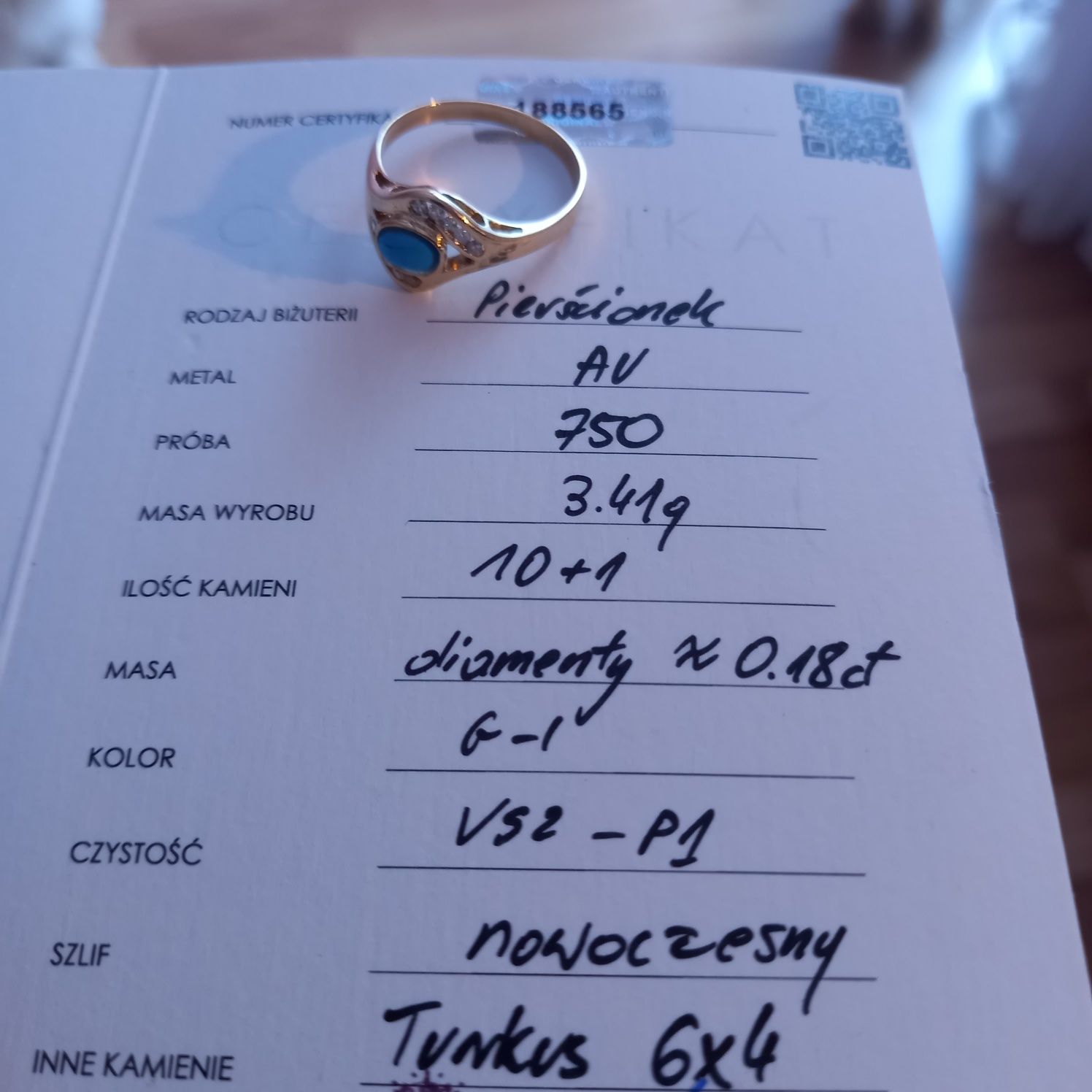 Przepiękny złoty pierścionek 750 z turkusem i diamentami