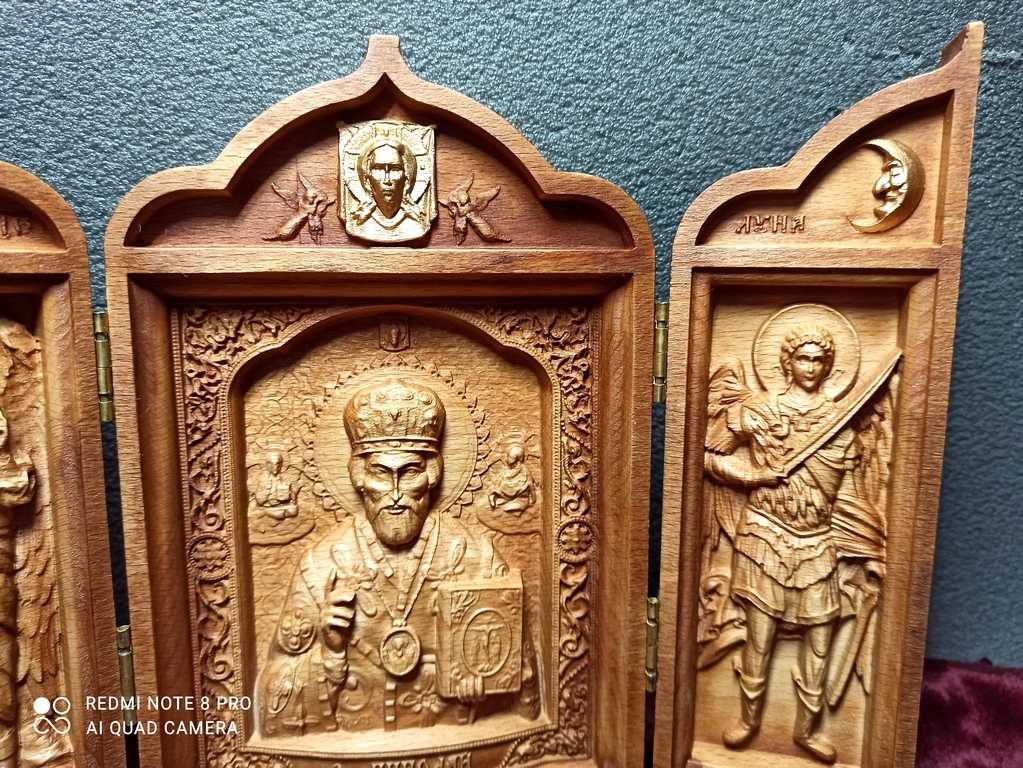 Икона резная триптих Св. Николай, арх. Михаил и Гавриил (под заказ)