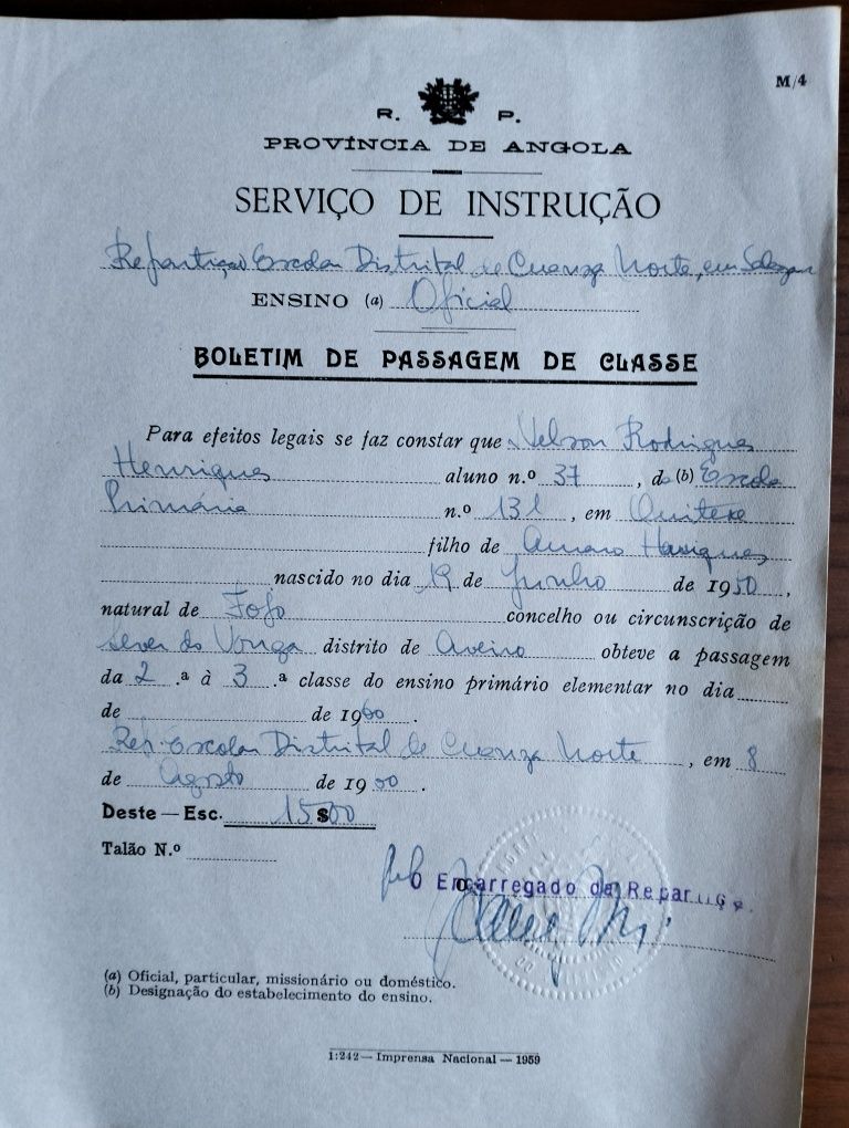 Boletim de passagem de Classe Salazar Província de Angola 1959