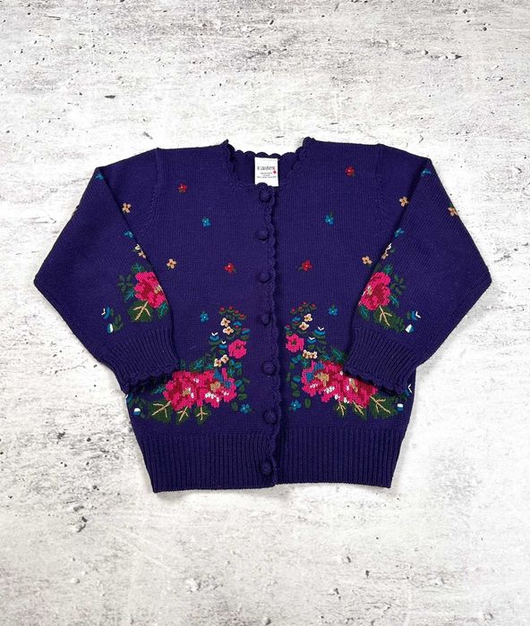Kardigan wełniany kwiatowy fioletowy retro r. M