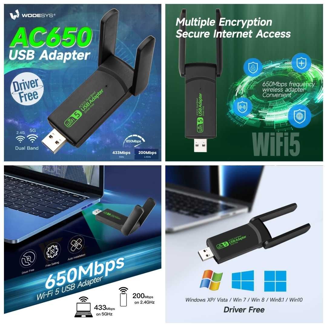 Сетевой адаптер Двухдиапазонный  WiFi-5 AC650 USB 2.4GHz+5.8GHz