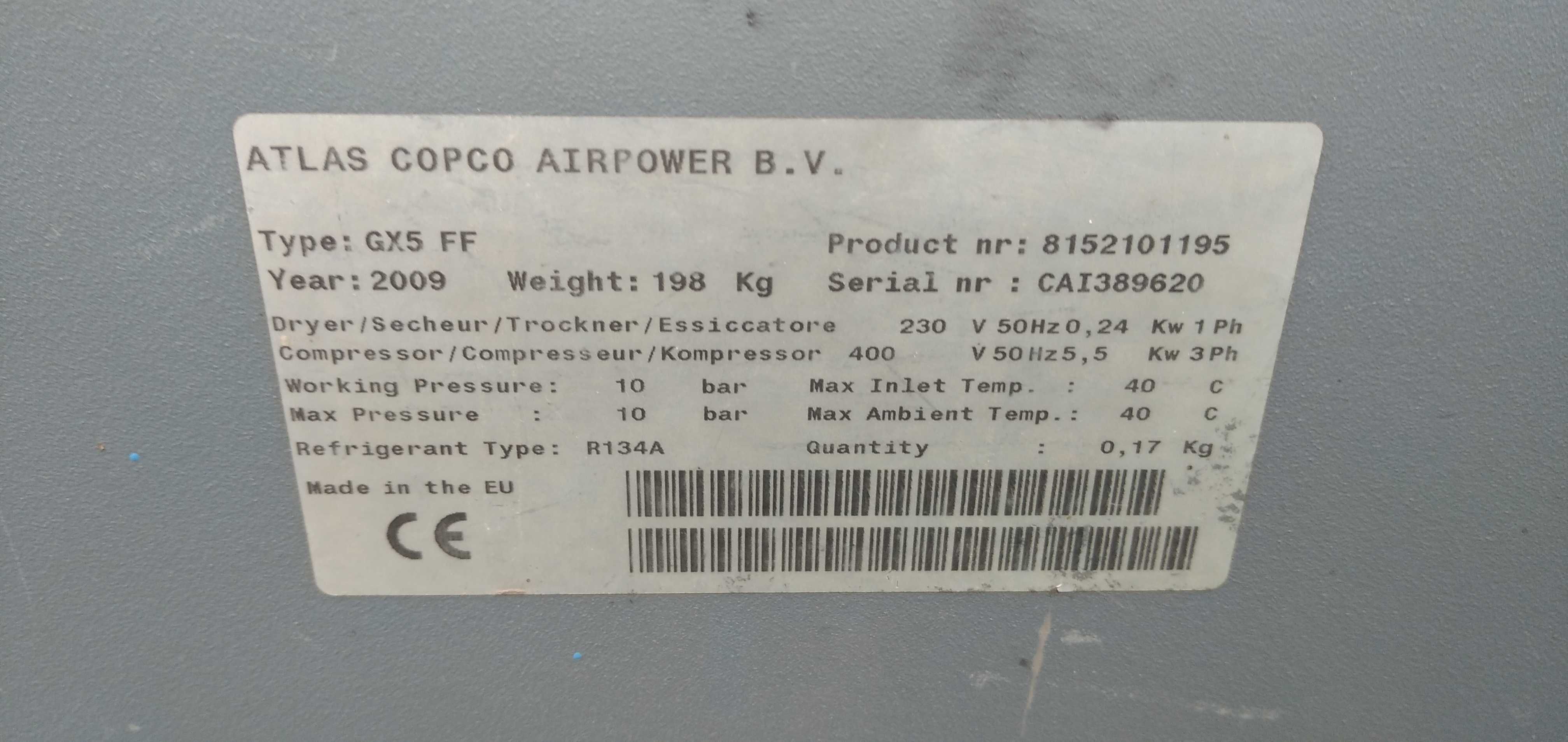 Kompresor Śrubowy, Sprężarka Atlas Copco GX 5FF z osuszaczem
