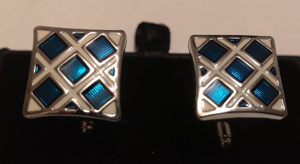 Spinki do mankietów koszuli kwadratowe krata niebiesko srebrnego