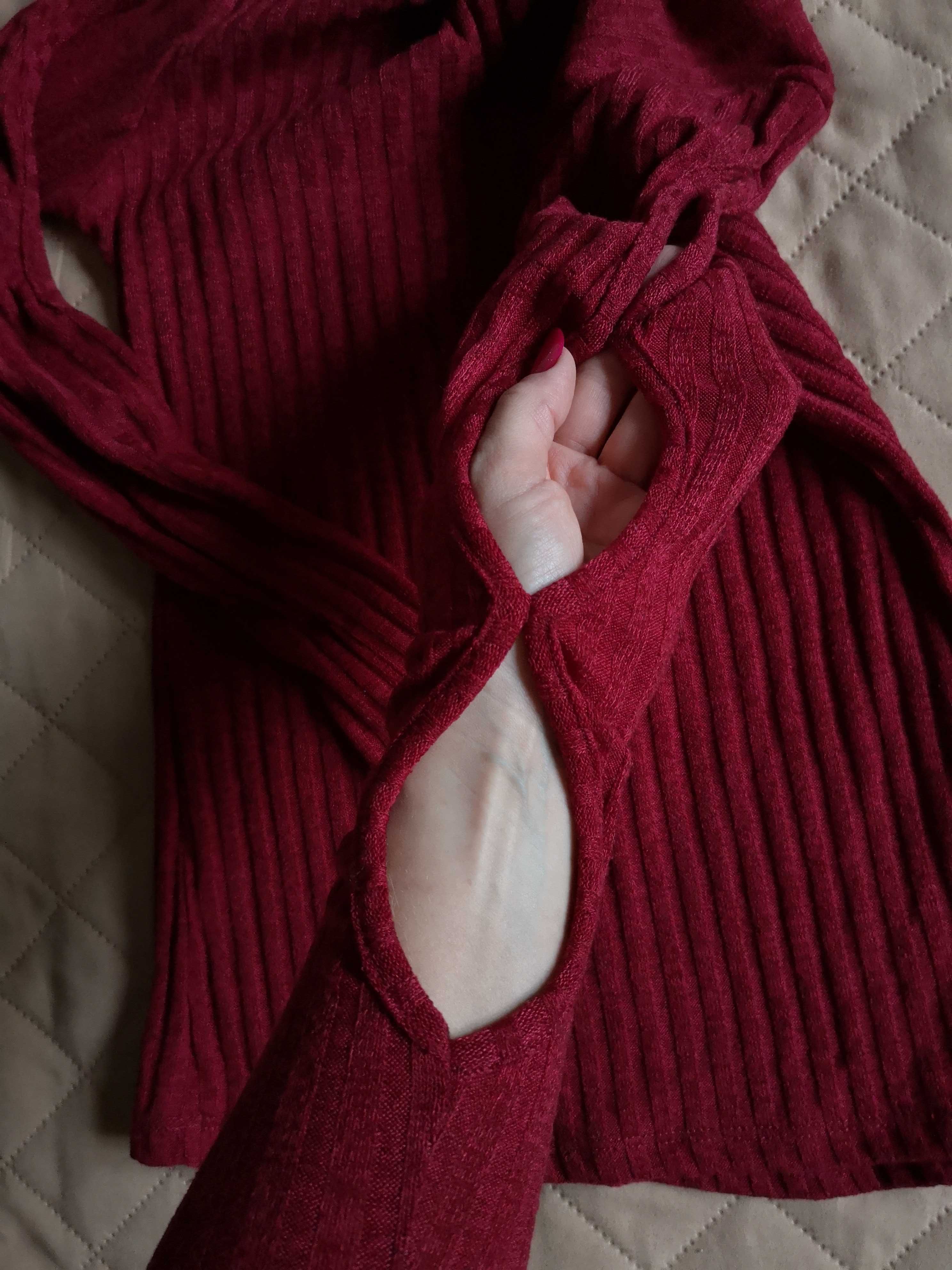 Sweter ozdobne rękawy wycięcia bordowy S bawełna prążek