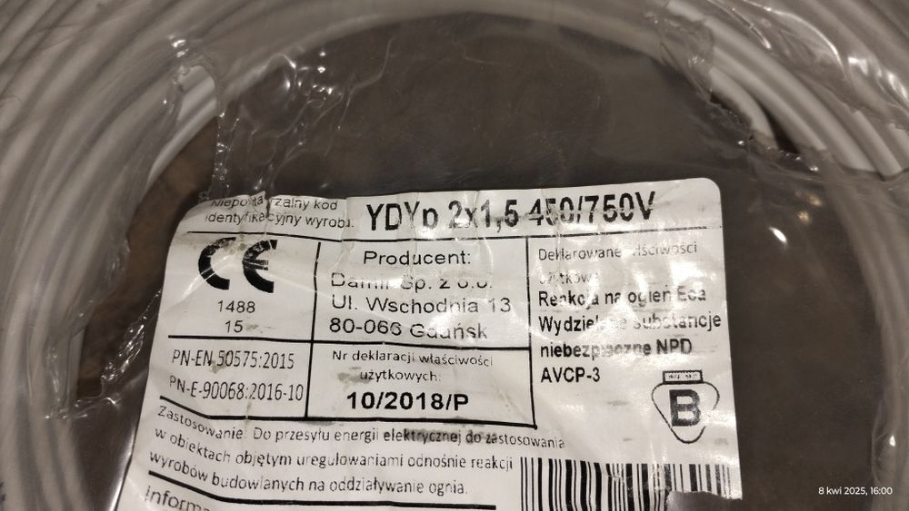 Kabel przewód elektryczny ELPAR YDY 3x1,5 oraz DAMIR 2x1,5