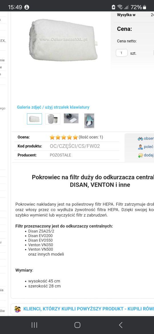Pokrowiec na filtr duży HEPA Odkurzacz Centralny DISAN, Venton