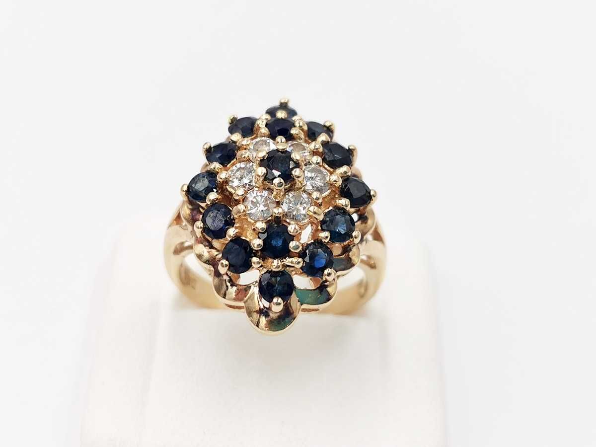 pierścionek złoto 14K 585 szafiry diamenty brylanty 7,26 g certyfikat