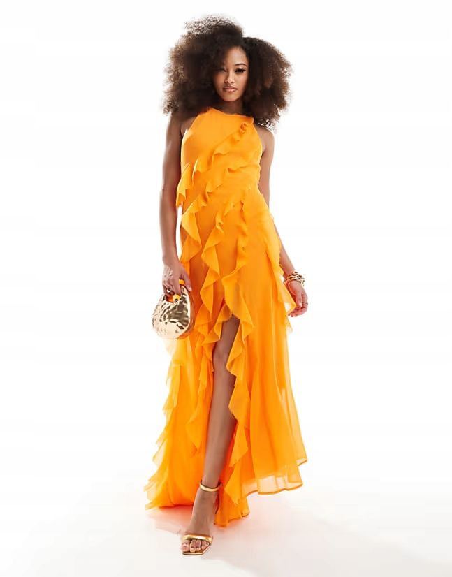 Asos Design 38 M Pomarańczowa Sukienka Z Falbanami Maxi J28826