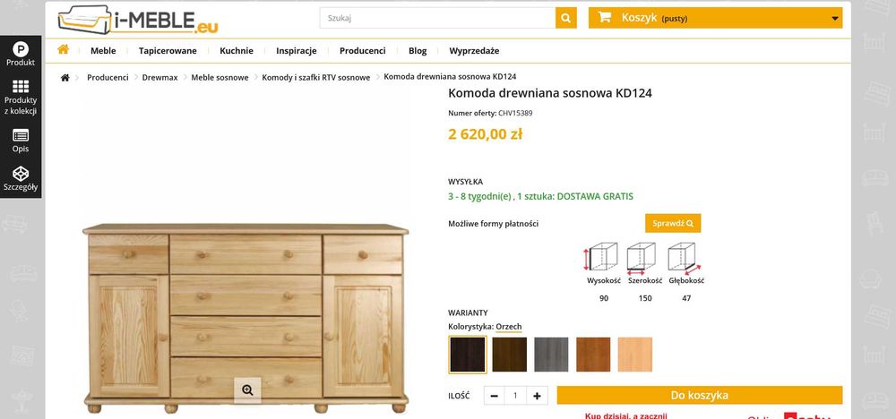 Piękna drewniana komoda sosnowa w kolorze orzechowym