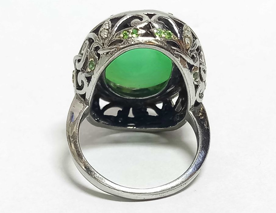 Biżuteria dawna, pierścionek, awenturyn, szafiry, diamenty, srebro 925