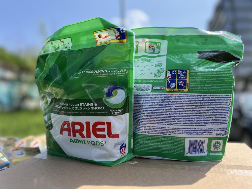 Ariel 65 капсул для прання -Fairy для посуду,Рушник 120м, Перволь 3 л