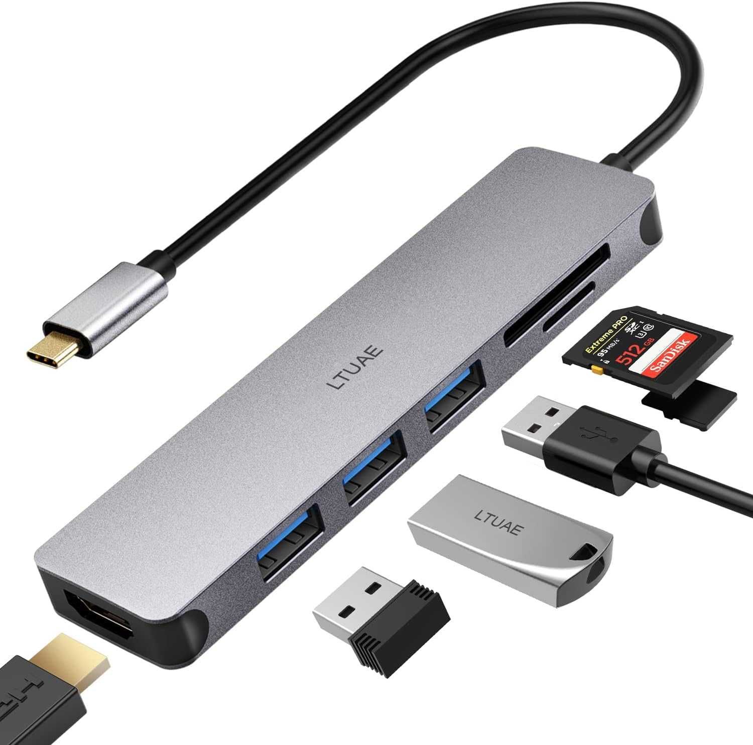 Hub USB C, adapter USB C HDMI 4K, 3 porty USB 3.0, czytnik kart SD/TF