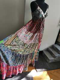 Śliczna szeroka długa sukienka letnia na ramiączkach art silk M L