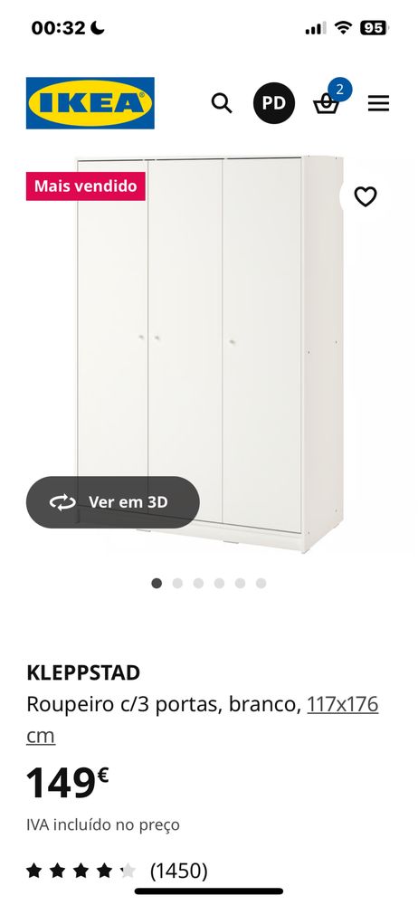Roupeiro ikea KLEPPSTAD 3 portas branco