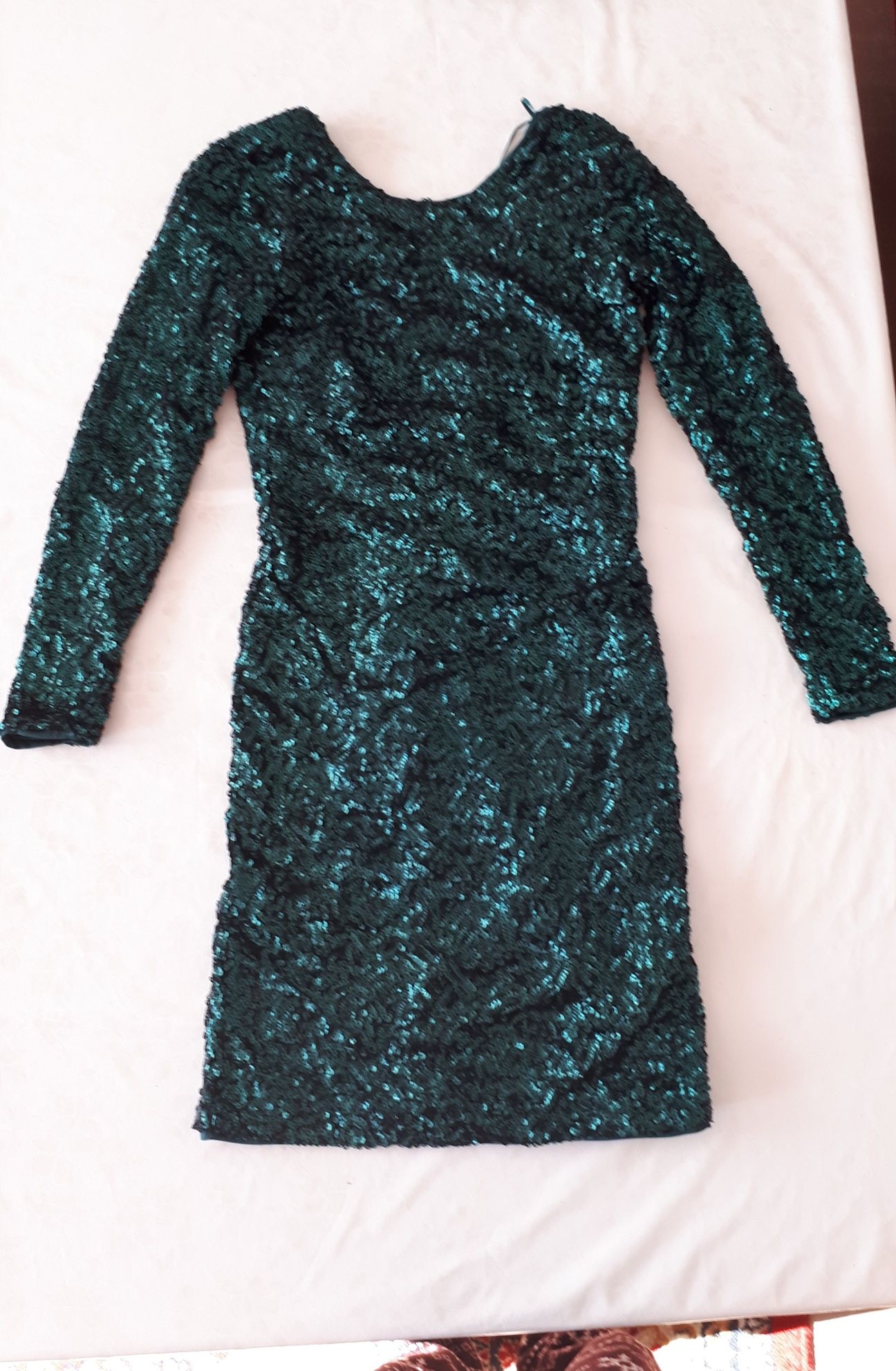 Sukienka mini cekiny Sylwester studniówka butelkowa zieleń plecy H&M X