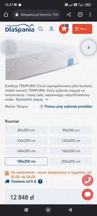 Materac Tempur 180x200 + gratis