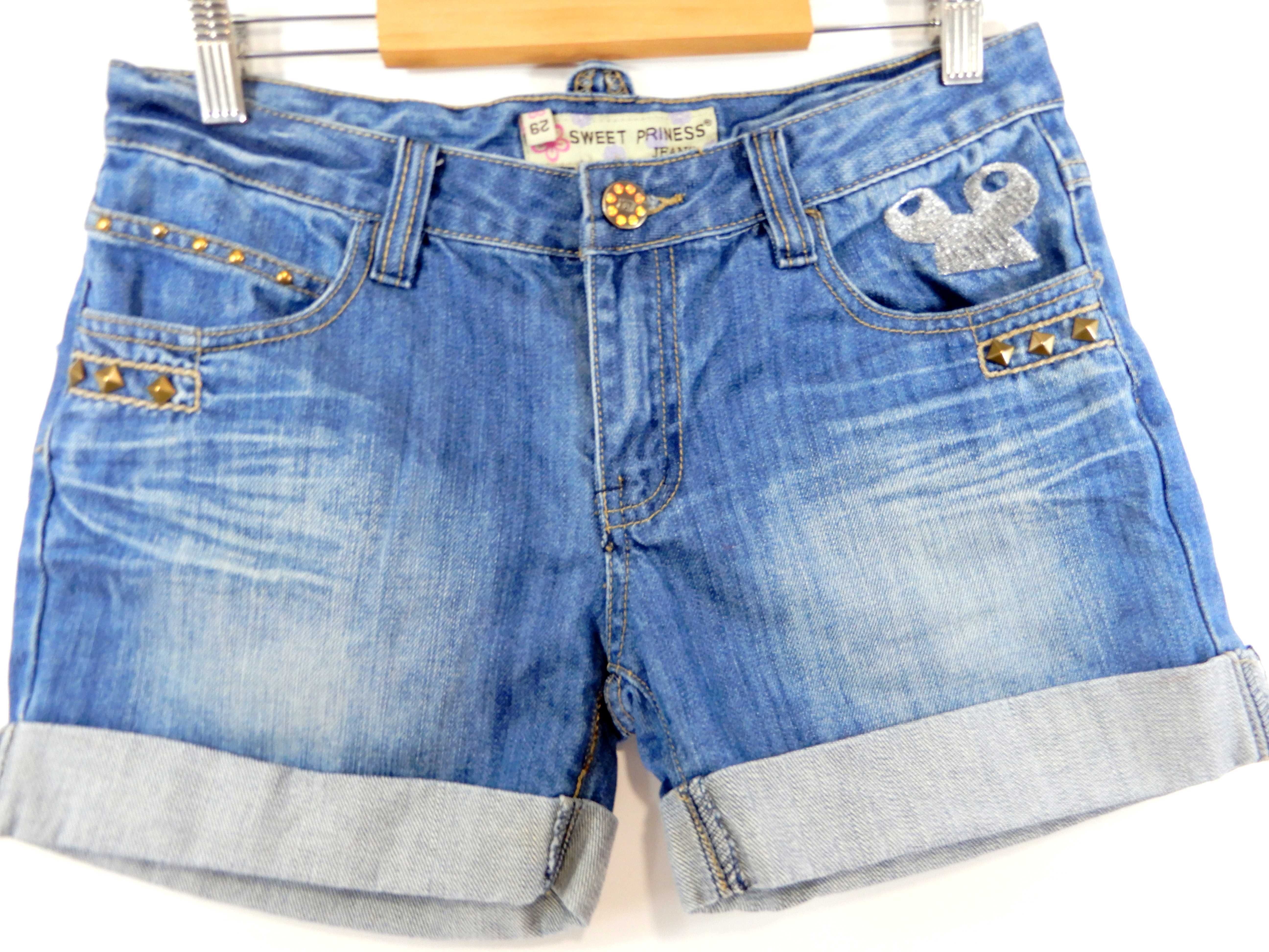 Krótkie spodenki jeansowe szorty haft ćwieki niebieskie Sweet 38 M