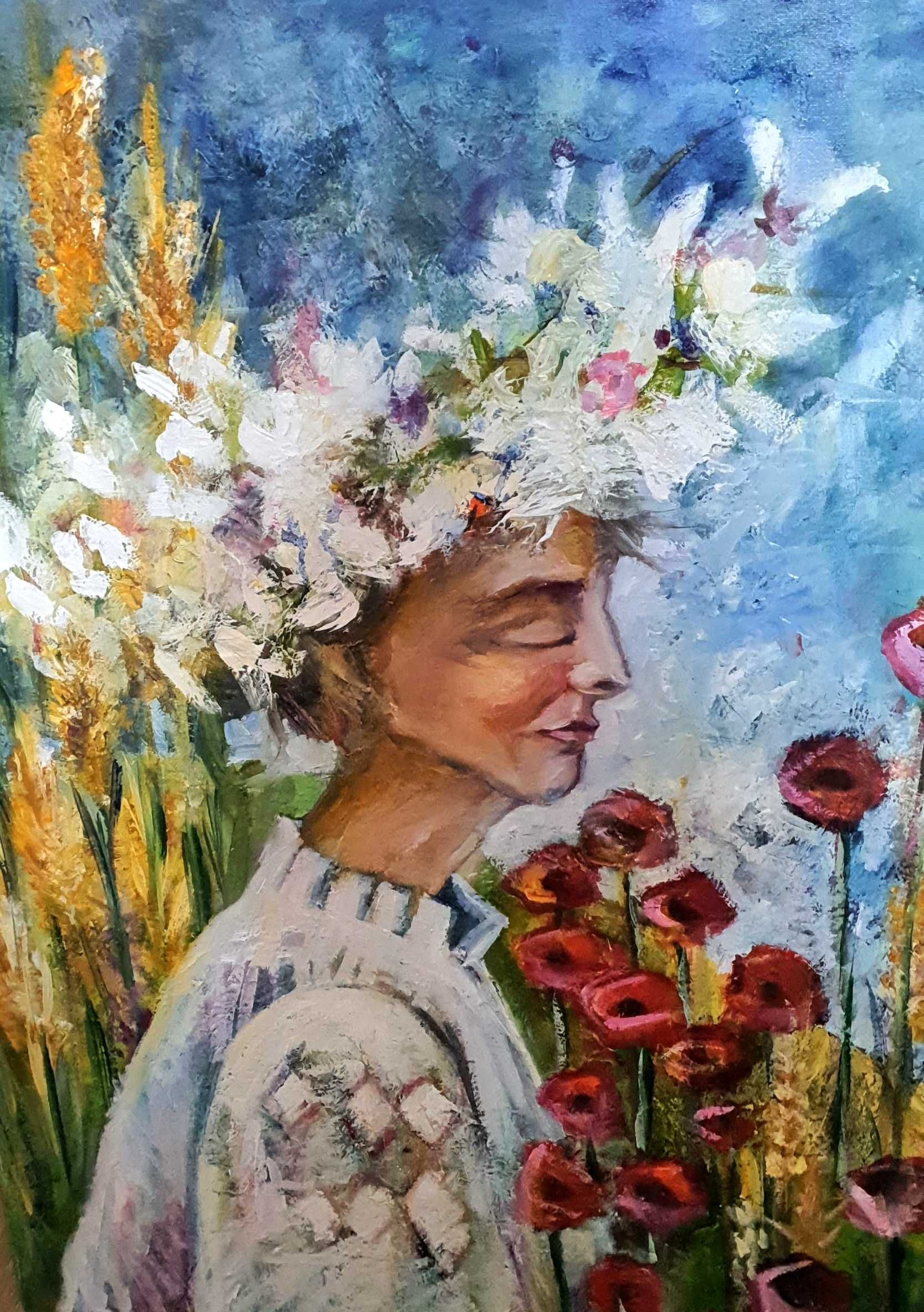 Obraz olejny, dziewczyna w kwiatach.