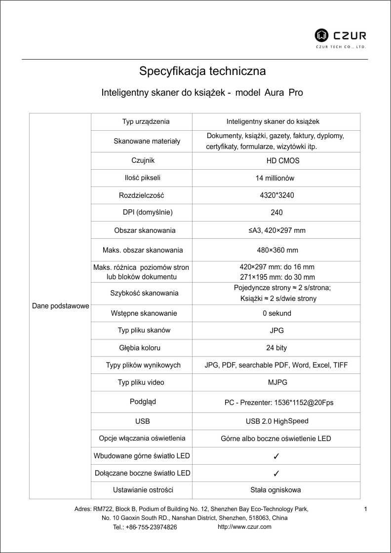 skaner pionowy CZUR AURA X PRO