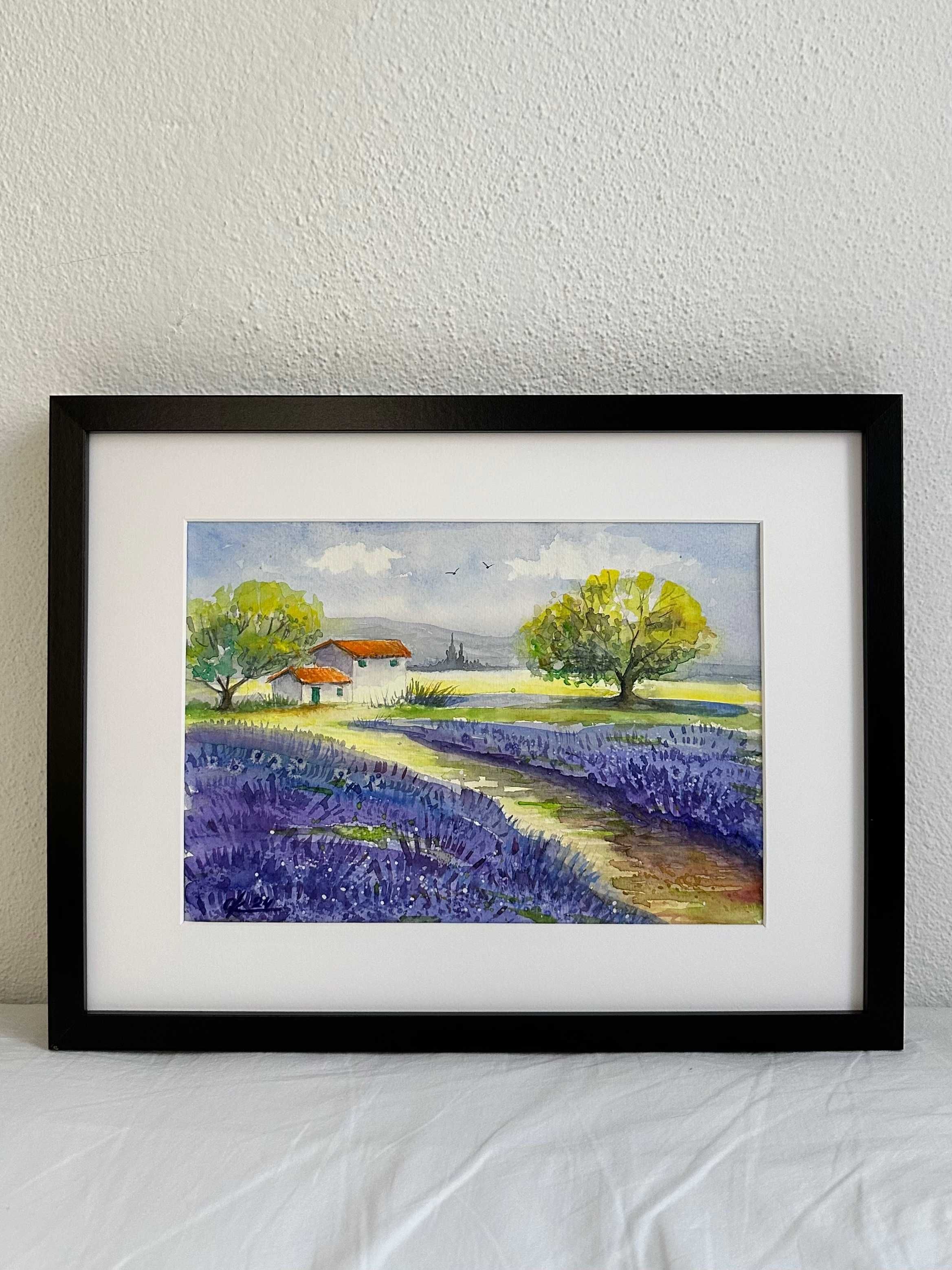 Dia de campo de lavanda - pintura a aguarela sobre papel, emoldurada