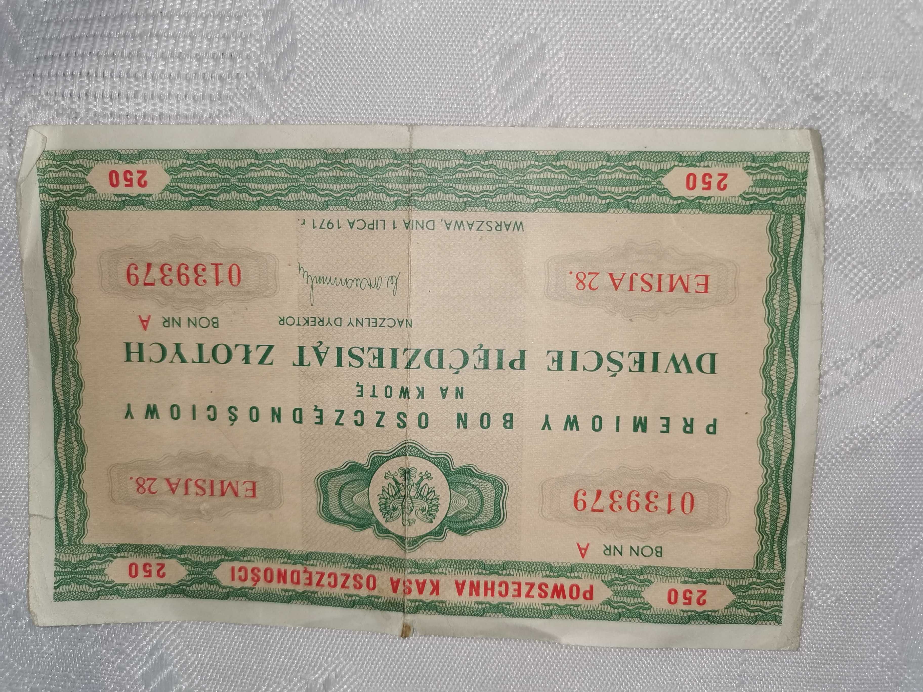 Premiowy bon oszczędnościowy, 250 zł, PKO, PRL.