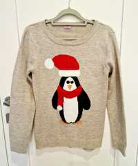Swetr sweterek świąteczny beż beżowy Mikołaj pingwin F&F 12-14 lat