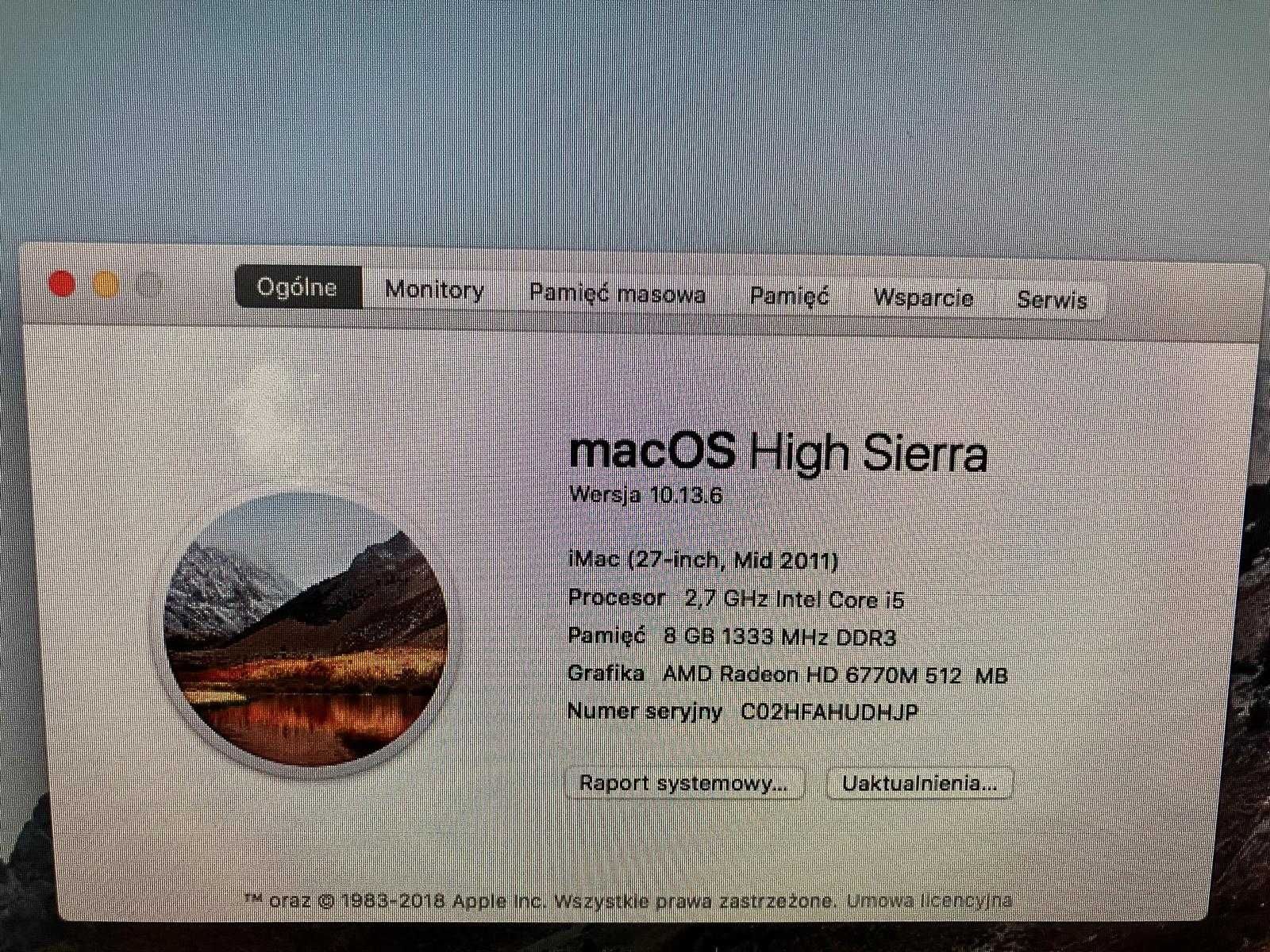 IMac 2011 27" MacOS High Sierra Nowa szyba!