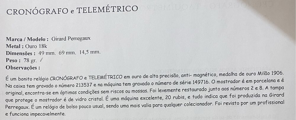 Relogio Ouro Girard Perregaux - Cronógrafo e Telemétrico