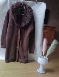 Essence piękny kardigan sweter guziki futerko S M L 36 38 40 brązowy
